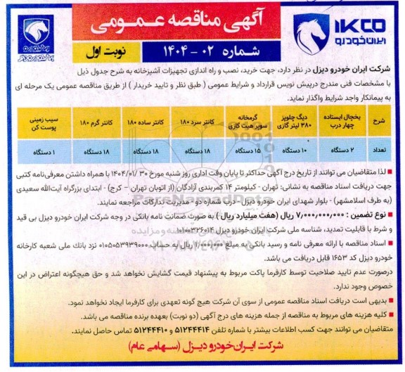 مناقصه خرید ، نصب و راه اندازی تجهیزات آشپزخانه