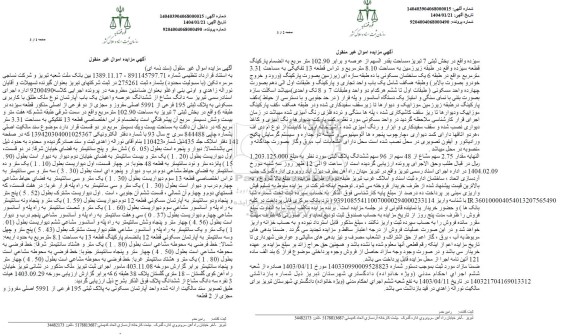 مزایده فروش سه دانگ مشاع از ششدانگ عرصه و اعیان یک باب آپارتمان نوع ملک طلق با کاربری مسکونی به پلاک ثبتی 195 فرعی از 5991