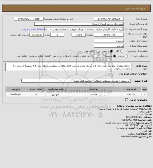 استعلام اجرای عملیات حفر چاه کوره چاه- کول گذاری چاه و  لایروبی کانال های زیر سطحی مناطق سه گانه شهرداری بروجرد به صورت دستمزدی