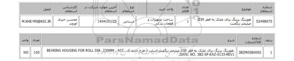 استعلام هوزینگ برینگ برای غلتک به قطر 230 میلیمتر زیگمنت
