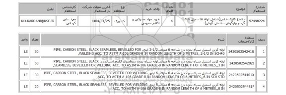 استعلام مقاطع فلزی خاص(شامل لوله ها - میل های گرد،چهارگوش - شش گوش)