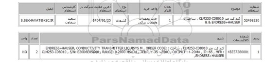 استعلام کنداکت متر CLM253-CD8010 ، ساخت : ENDRESS+HAUSER & &