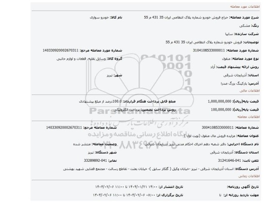 مزایده، فروش خودرو شماره پلاک انتظامی ایران 35 431 م 55