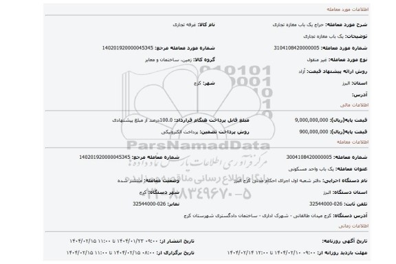 مزایده، یک باب مغازه تجاری