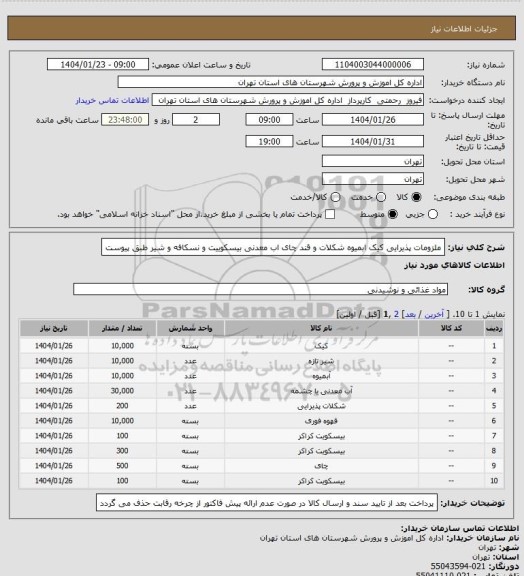 استعلام ملزومات پذیرایی کیک ابمیوه شکلات و قند چای اب معدنی بیسکوییت و نسکافه و شیر طبق پیوست