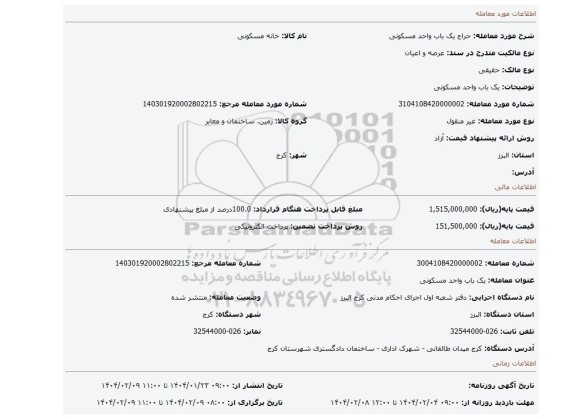 مزایده، یک باب واحد مسکونی
