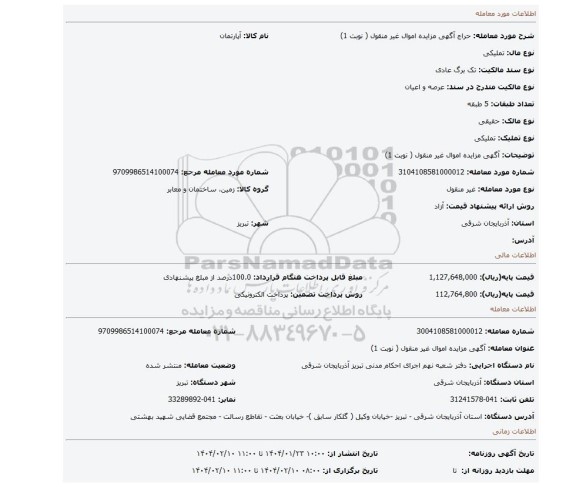 مزایده، آگهی مزایده اموال غیر منقول ( نوبت 1)