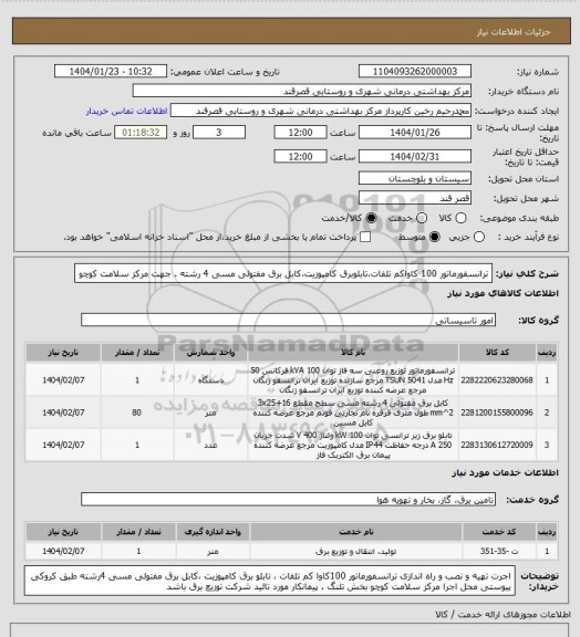 استعلام ترانسفورماتور 100 کاواکم تلفات،تابلوبرق کامپوزیت،کابل برق مفتولی مسی 4 رشته . جهت مرکز سلامت کوچو