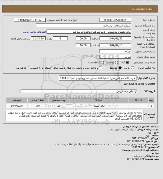 استعلام خرید 700 متر کابل نمره 240با هادی مس -    تسویه اواخر تابستان 1404
