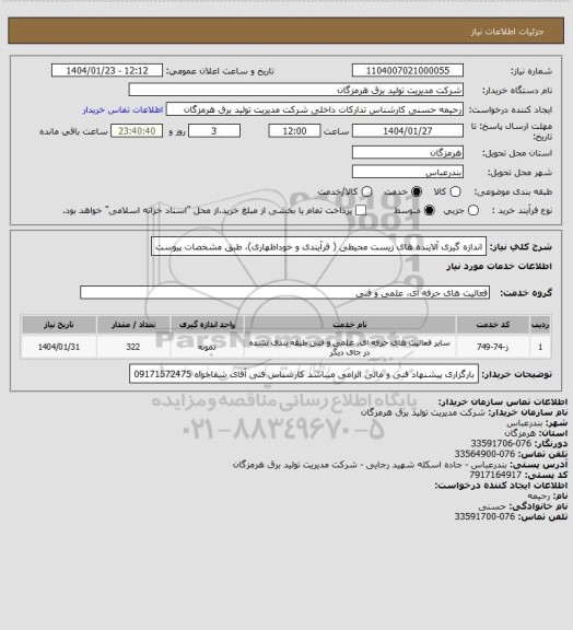 استعلام اندازه گیری آلاینده های زیست محیطی ( فرآیندی و خوداظهاری)، طبق مشخصات پیوست