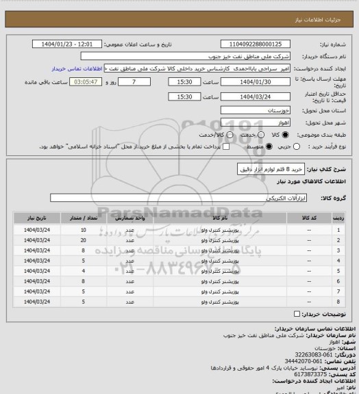 استعلام خرید 8 قلم لوازم ابزار دقیق