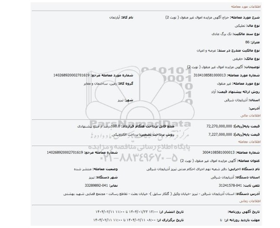 مزایده، آگهی مزایده اموال غیر منقول ( نوبت 2)