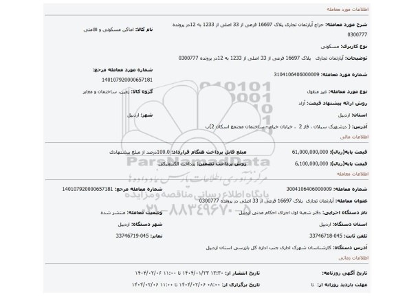 مزایده، آپارتمان تجاری پلاک 16697 فرعی از 33 اصلی از 1233 به 12در پرونده 0300777