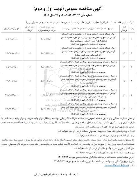 مناقصه اجرای عملیات توسعه، بازسازی، بهره برداری و نگهداری از کلیه تاسیسات آبرسانی ...