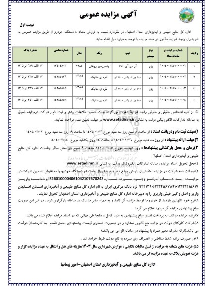 مزایده عمومی فروش تعداد 4 دستگاه خودرو