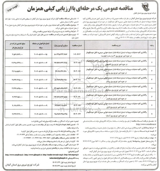 مناقصه عمومی یک مرحله ای واگذاری کلیه عملیات مربوط به تبدیل شبکه فشار ضعیف هوایی سیمی نوبت دوم