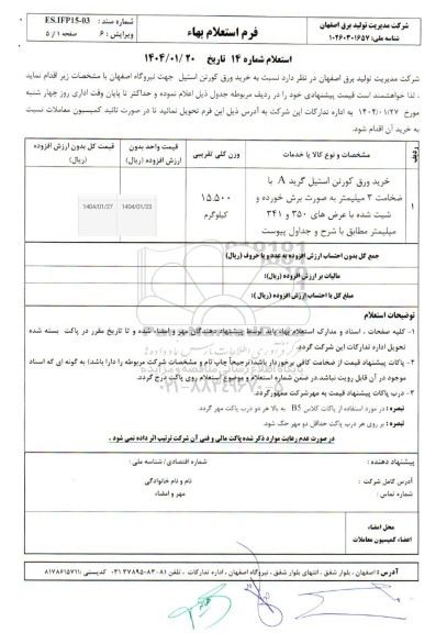 استعلام خرید ورق کورتن استیل گرید A...