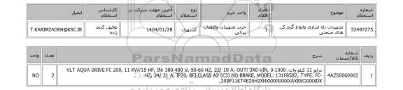 استعلام تجهیزات راه اندازی وانواع گرم کن های صنعتی
