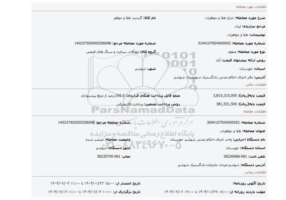 مزایده، طلا و جواهرات