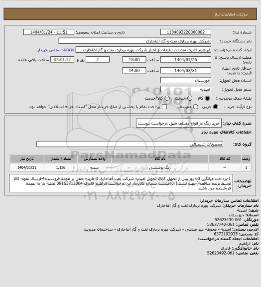 استعلام خرید رنگ در انواع مختلف طبق درخواست پیوست