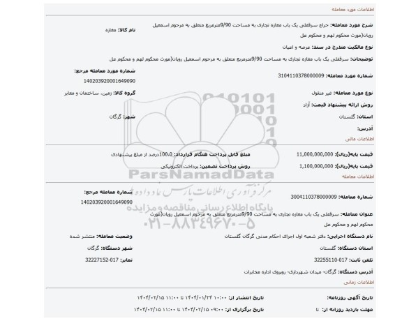 مزایده، سرقفلی یک باب مغازه تجاری به مساحت 9/90مترمربع متعلق به مرحوم اسمعیل رویان(مورث محکوم لهم و محکوم عل