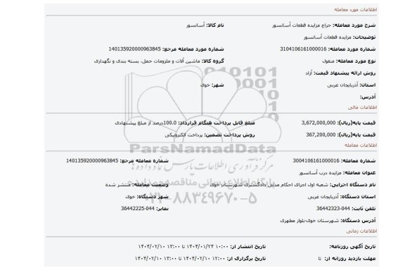 مزایده، مزایده قطعات آسانسور