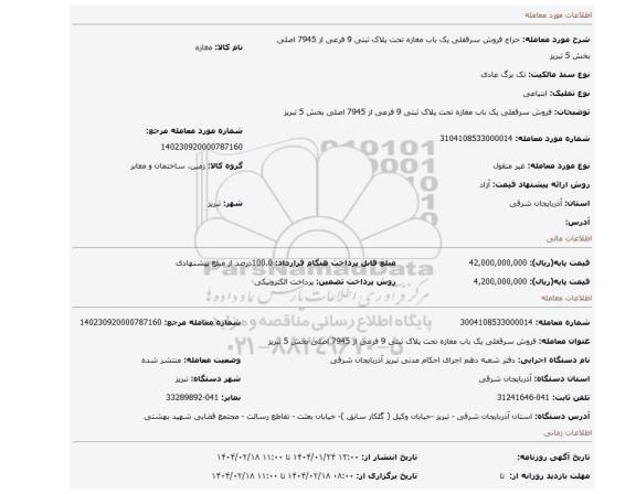 مزایده، فروش سرقفلی یک باب مغازه تحت پلاک ثبتی 9 فرعی از 7945 اصلی بخش 5 تبریز