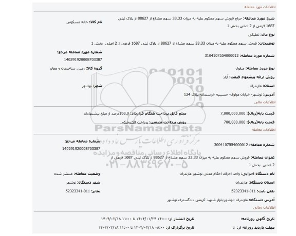 مزایده، فروش سهم محکوم علیه به میزان 33.33 سهم مشاع از 88627 از پلاک ثبتی 1687 فرعی از 2 اصلی  بخش 1
