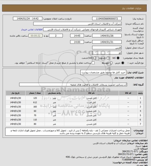 استعلام خرید کابل ها مختلف  طبق مشخصات پیوست