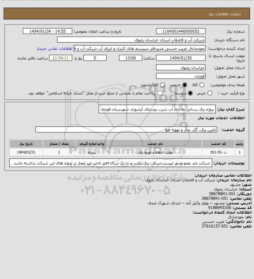 استعلام پروژه برق رسانی به چاه آب شرب روستای آبشوری شهرستان قوچان