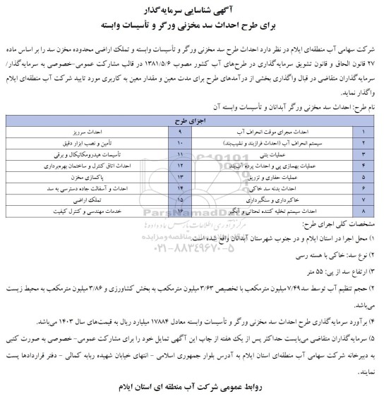 آگهی شناسایی سرمایه گذار برای طرح احداث سد مخزنی ورگر و تأسیسات وابسته