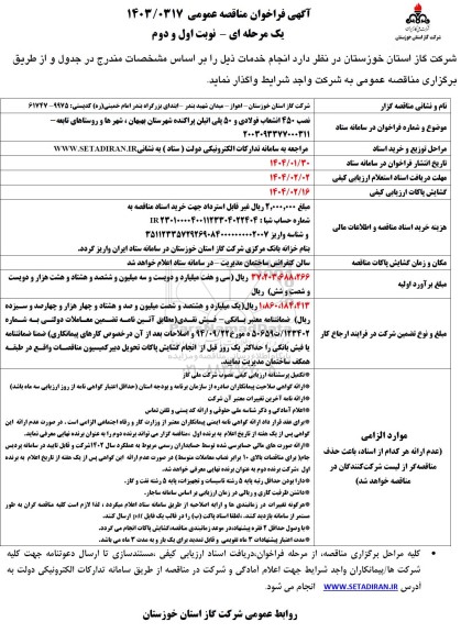 مناقصه نصب 450 انشعاب فولادی و 50 پلی اتیلن پراکنده شهرستان