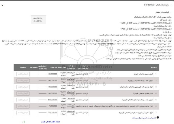 مزایده کارتن خمیری ضایعاتی...