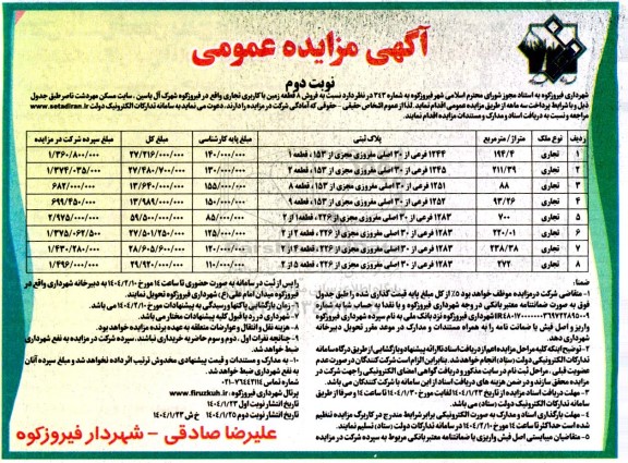 مزایده عمومی فروش 8 قطعه زمین با کاربری تجاری - نوبت دوم
