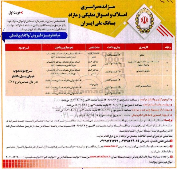 مزایده سراسری املاک و اموال تملیکی و مازاد