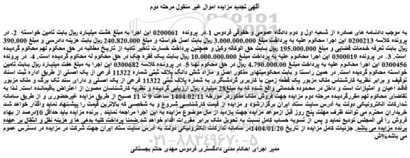 مزایده مازاد شش دانگ پلاک ثبتی شماره 11322 فرعی از یک اصلی