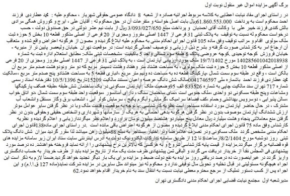 مزایده ملک به پلاک ثبتی 31 فرعی از 1447 اصلی مفروز ومجزی از 20 فرعی از اصلی