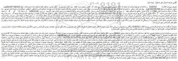 مزایده ششدانگ عرصه و اعیان یک باب مغازه واقع در طبقه همکف به مساحت 87.75 مترمربع تحت قطعه 3 تفکیکی از پلاک 17860 فرعی مفروز و مجزی از 7033 فرعی از پلاک 151 اصلی