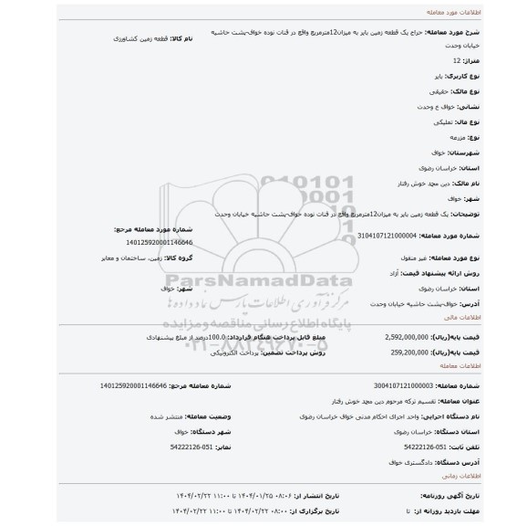 مزایده، یک قطعه زمین بایر به میزان12مترمربع واقع در قنات نوده خواف-پشت حاشیه خیابان وحدت