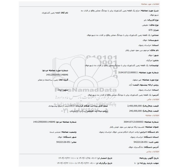 مزایده، یک قطعه زمین کشاورزی برابر با دودانگ محلی واقع در قنات ده شهرخواف