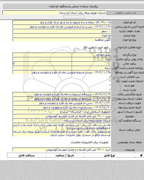 مناقصه, خرید ۱۳۰۰۰ متر کابل فاصله دار فشار متوسط آلومنیومی