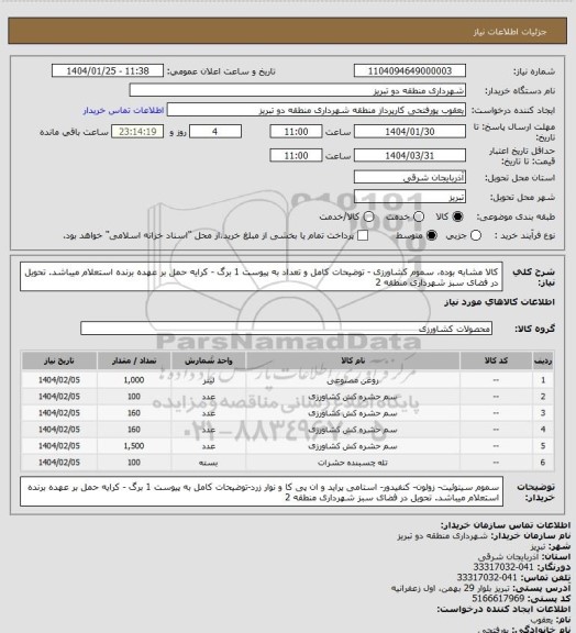 استعلام کالا مشابه بوده، سموم کشاورزی - توضیحات کامل و تعداد به پیوست 1 برگ - کرایه حمل بر عهده برنده استعلام میباشد. تحویل در فضای سبز شهرداری منطقه 2