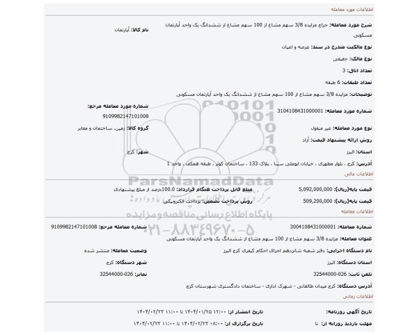 مزایده، مزایده 3/8 سهم مشاع از 100 سهم مشاع از ششدانگ یک واحد آپارتمان مسکونی