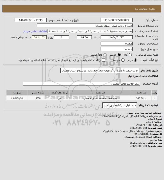 استعلام خرید خدمت بازدید از مراکز عرضه مواد خام دامی در سطح استان همدان
