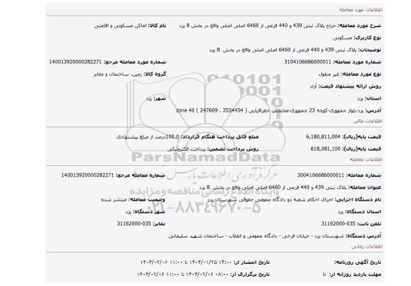 مزایده، پلاک ثبتی 439 و 440 فرعی از 6460 اصلی اصلی واقع در بخش 8 یزد