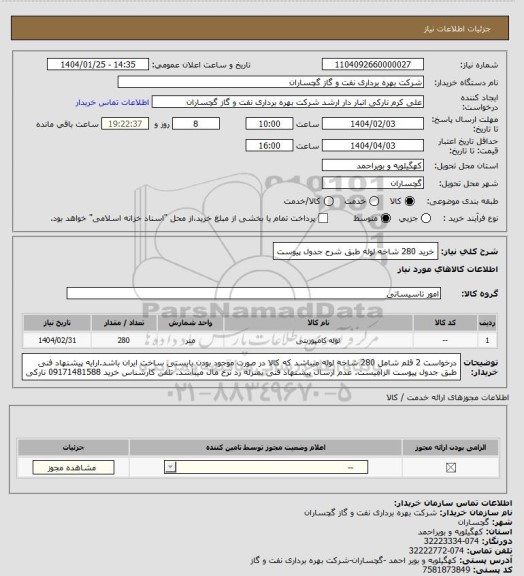 استعلام خرید 280 شاخه لوله طبق شرح جدول پیوست