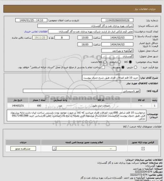 استعلام خرید 10 قلم اتصالات فلزی طبق شرح جدول پیوست
