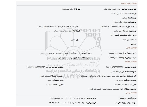 مزایده، فروش ملک مشاع