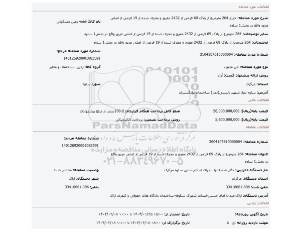 مزایده، 264 مترمربع از پلاک 69 فرعی از 2432 مفروز و مجزی شده از 19 فرعی از اصلی مزبور واقع در بخش1 ساوه