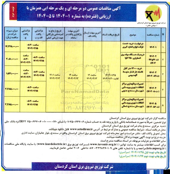 مناقصه درخواست خرید خدمات قرائت لوازم اندازه گیری ...- نوبت دوم